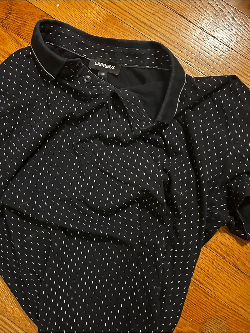Express Black Button-Down Polo with White Micro-Dot Print